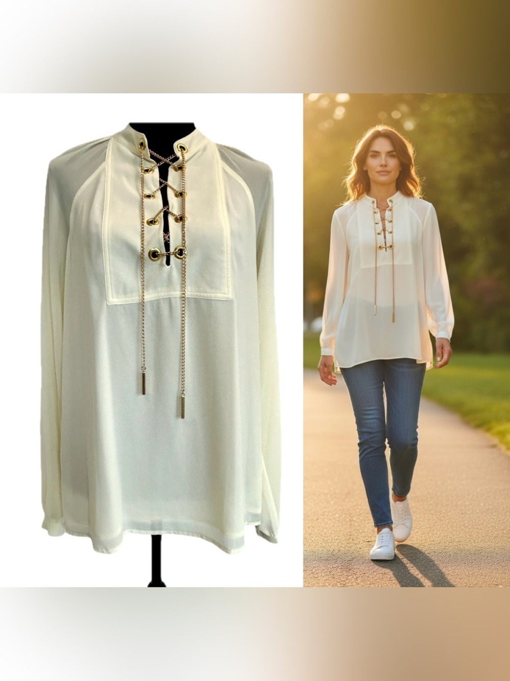 MICHAEL Michael Kors Cream lace-up top blouse featuring gold chain detail Sz M